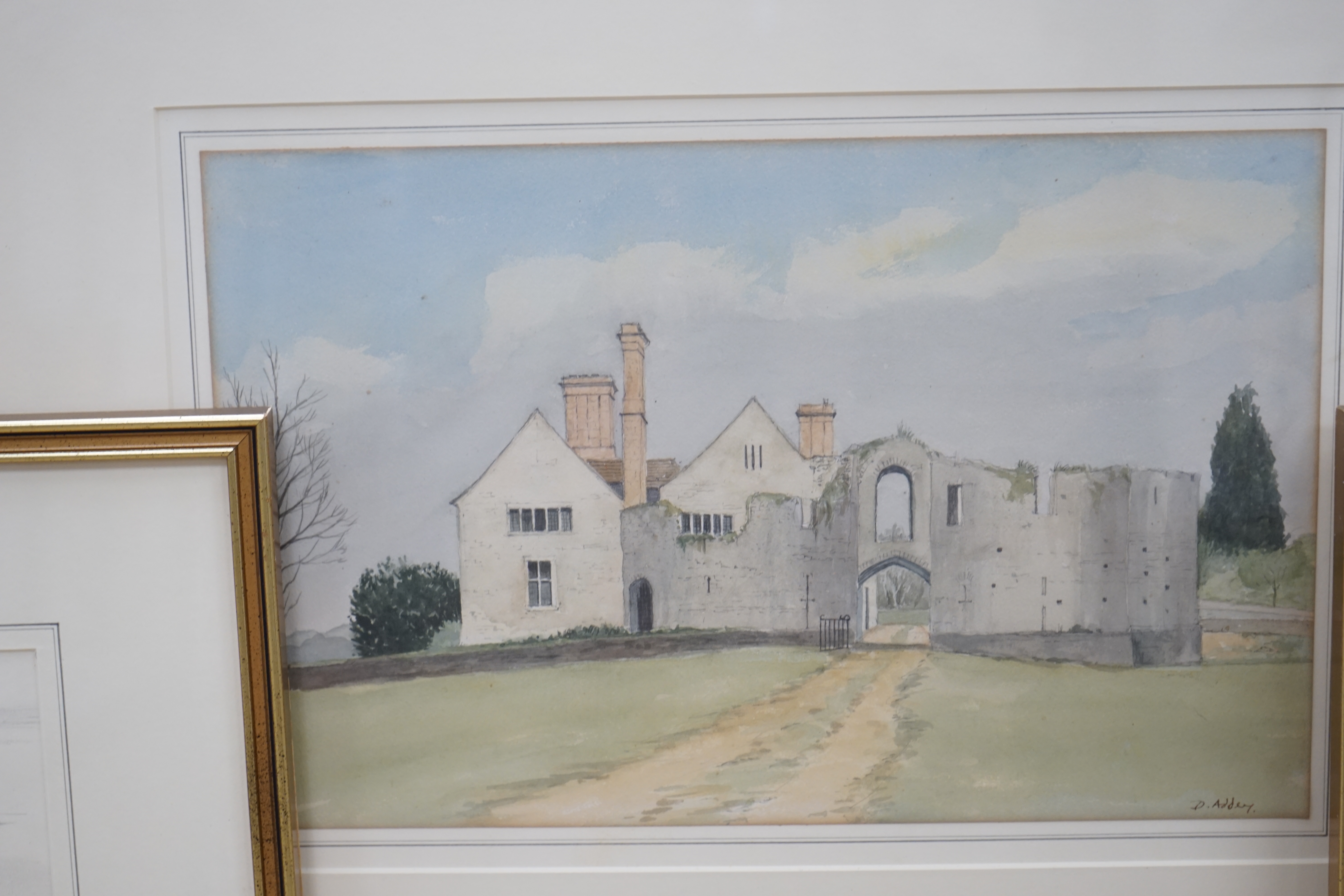 David Addey (b.1933), watercolour, View of a house, signed, together with a pair of pencil studies, Coastal views with fishing boats, largest 23 x 36cm. Condition - fair, some staining to the watercolour